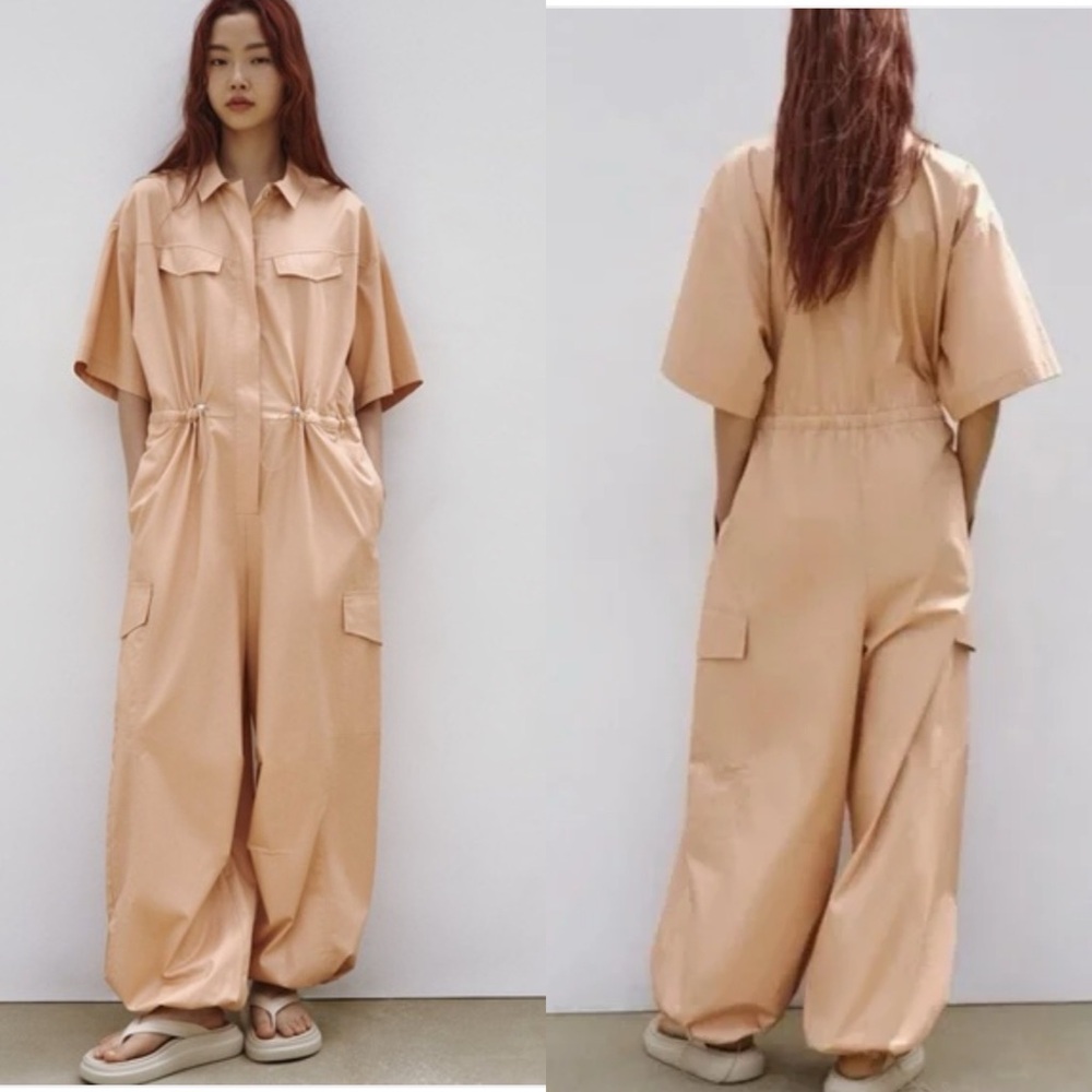 Zara Tan Jumpsuit Relaxed Fit Wide-Leg